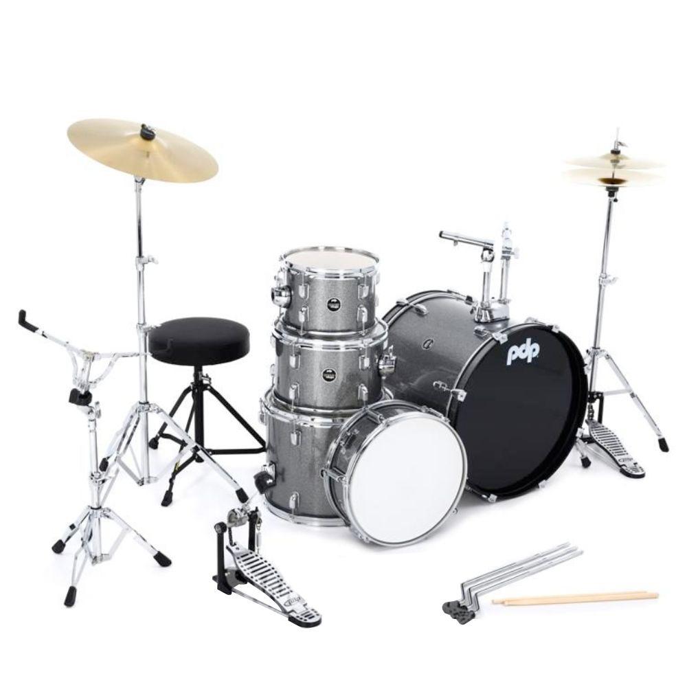 PDP Shellpack 5Pcs + Hardware + Platillos / Center Stage Series Silver Sparkle