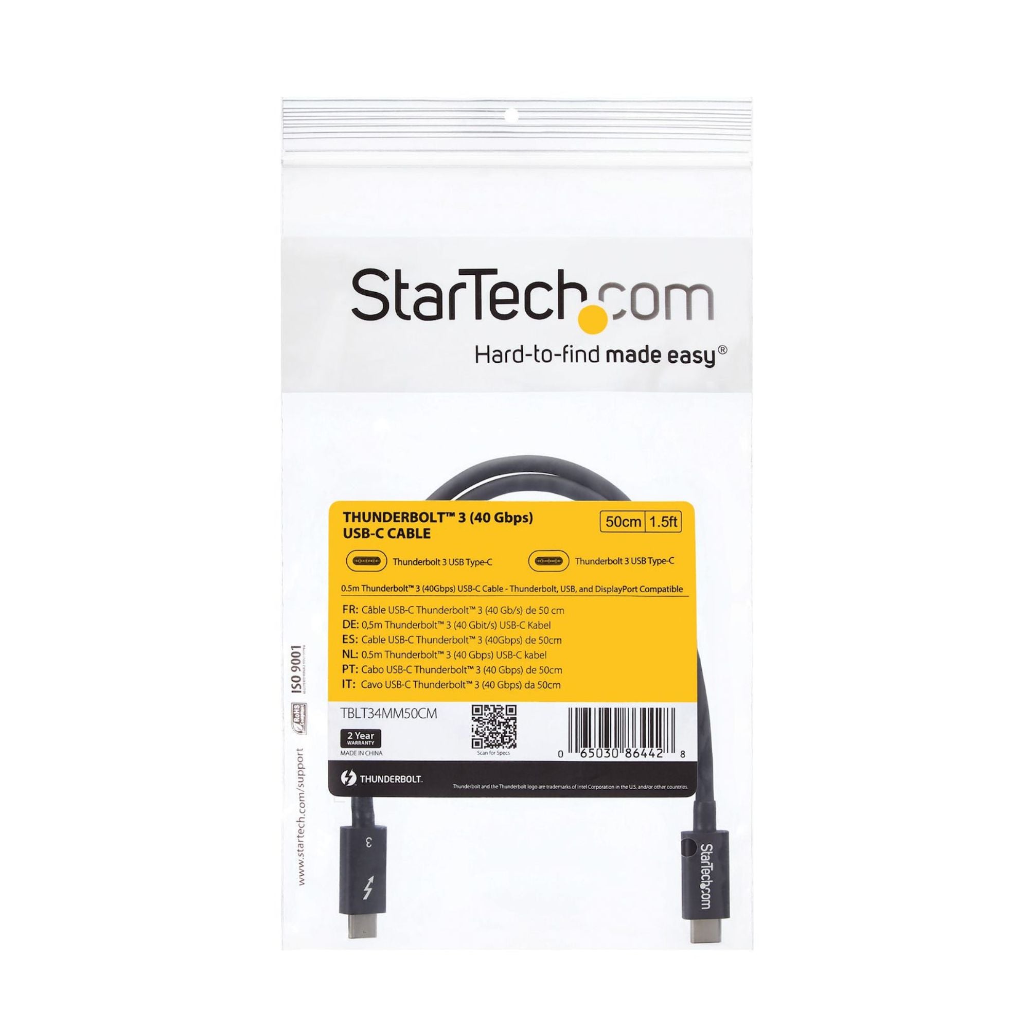StarTech Cable Thunderbolt 3 USB-C 40Gbps - 50 cms