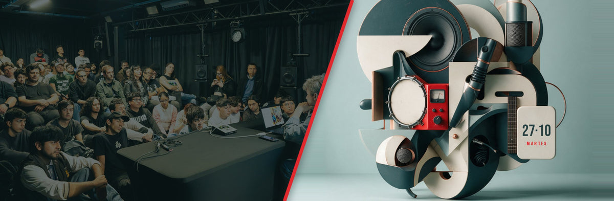 Panel Studio Fest 2026: público siguiendo una charla junto a una escultura constructivista con la fecha 27·10, martes